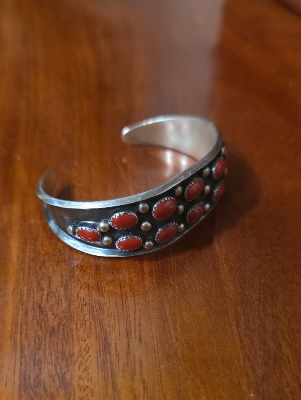 Sterling Silver Red Coral Cabochon Cuff Bracelet - Picture 2 of 5